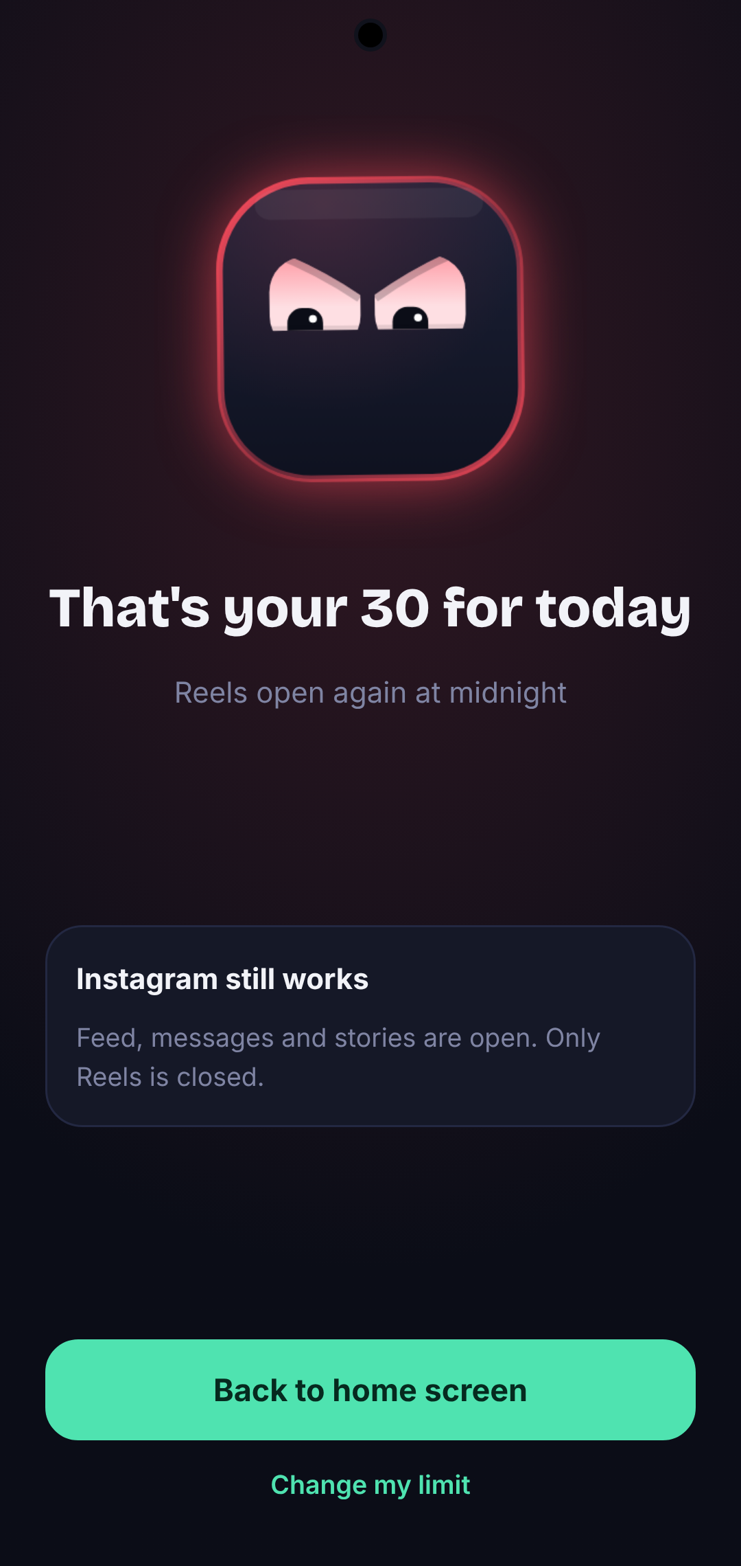 RokoReels closing the reel feed at the daily limit